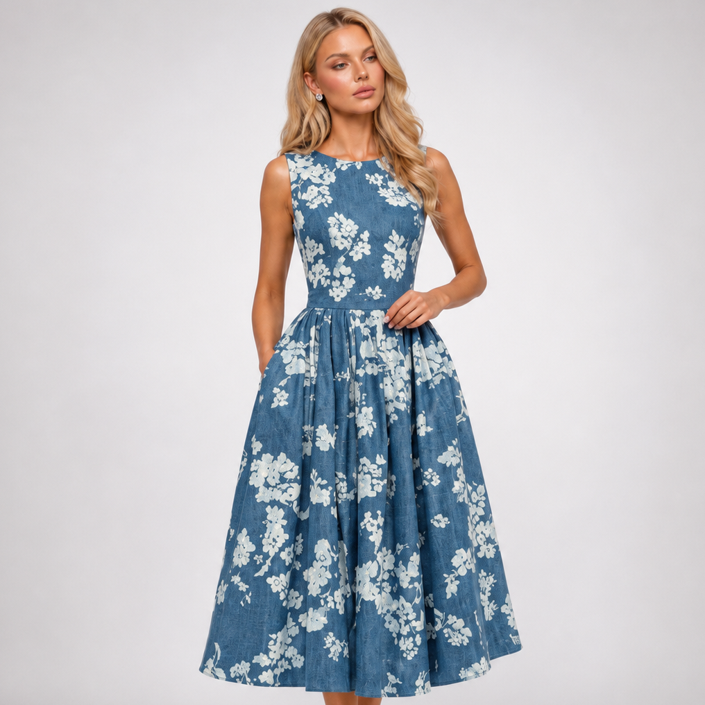 Carlena | Elegancka Sukienka Midi w Kwiaty z Rozkloszowanym Dołem