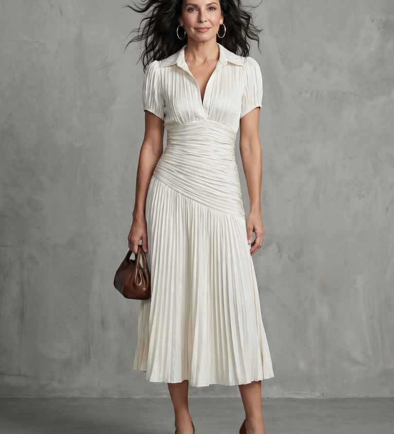 Nadia | Pleated Waistline Stripe Midi Dress