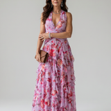 Natalia | Sukienka maxi w kwiaty z marszczonym gorsetem i dekoltem typu halter