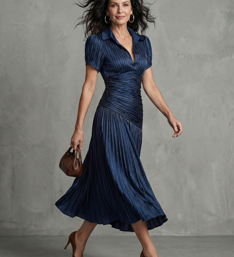 Izabela | Pleated Waistline Stripe Midi Dress