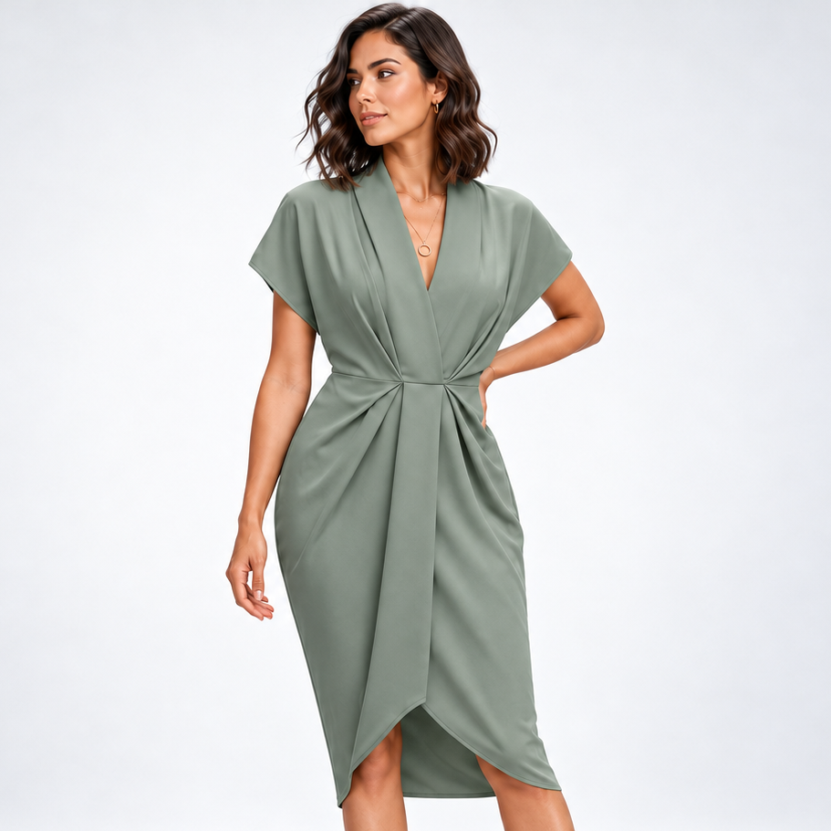 Carlena | Elegancka Sukienka Midi Kopertowa z Drapowaniem