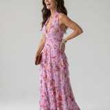 Natalia | Sukienka maxi w kwiaty z marszczonym gorsetem i dekoltem typu halter