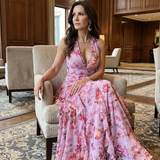 Natalia | Sukienka maxi w kwiaty z marszczonym gorsetem i dekoltem typu halter
