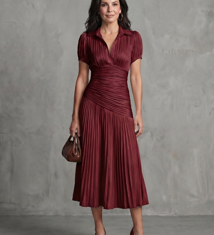 Emilia | Pleated Waistline Stripe Midi Dress