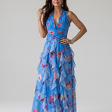 Natalia | Sukienka maxi w kwiaty z marszczonym gorsetem i dekoltem typu halter