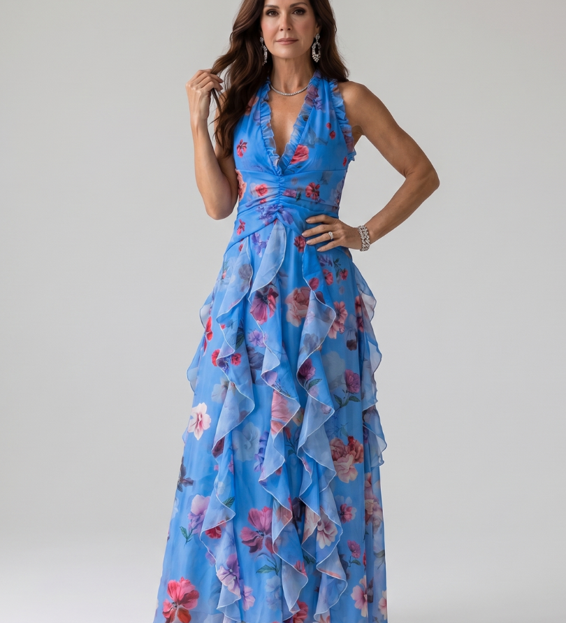Natalia | Sukienka maxi w kwiaty z marszczonym gorsetem i dekoltem typu halter
