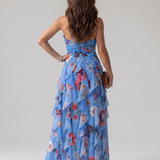 Natalia | Sukienka maxi w kwiaty z marszczonym gorsetem i dekoltem typu halter