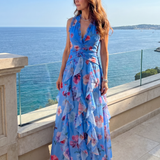 Natalia | Sukienka maxi w kwiaty z marszczonym gorsetem i dekoltem typu halter