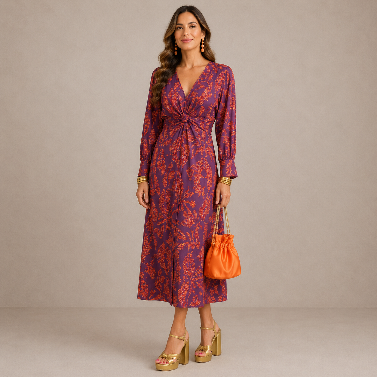 Monika | V- Neck Tie- Waist Midi sukienka