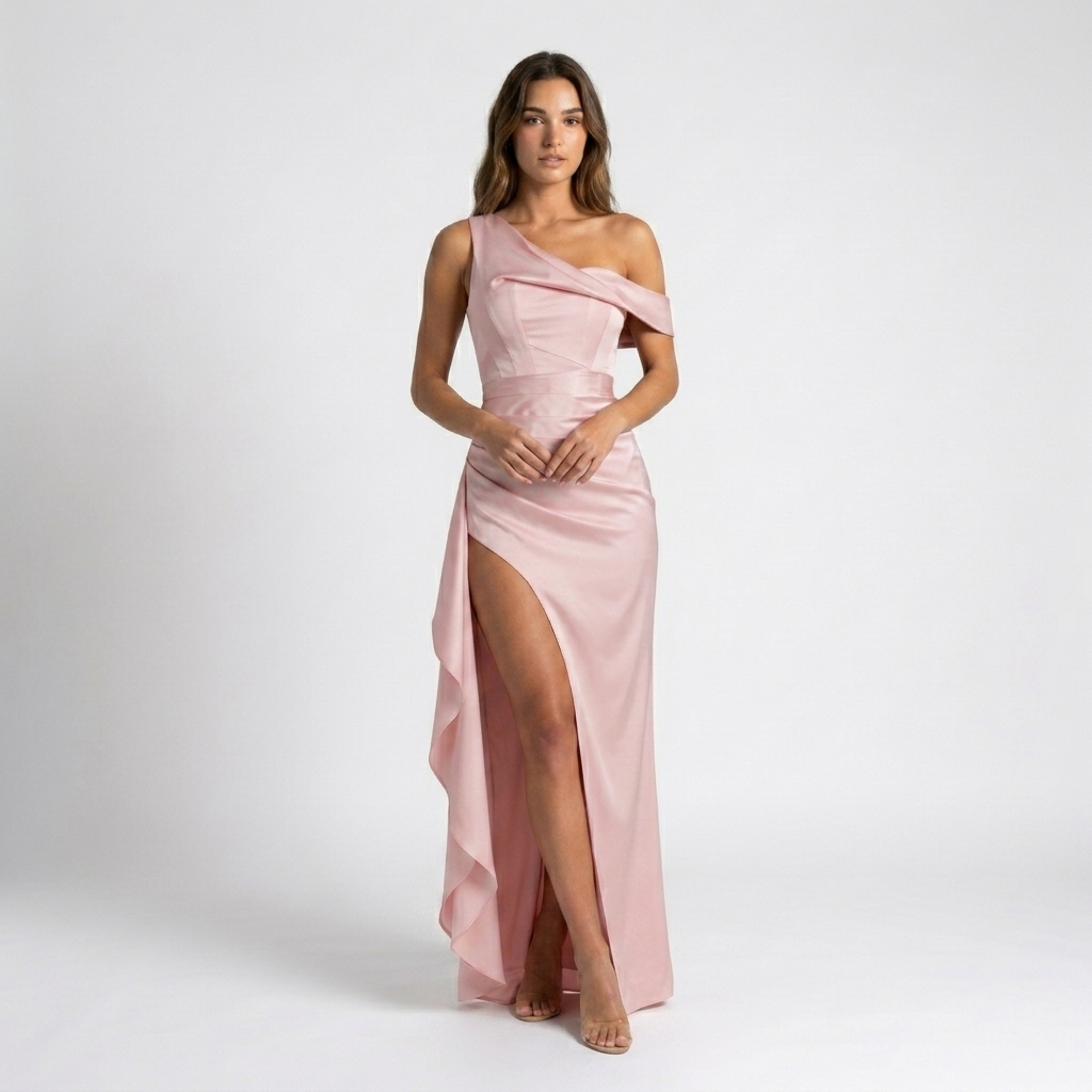 Carlena | Elegancka Satynowa Sukienka Maxi na Jedno Ramię z Rozcięciem