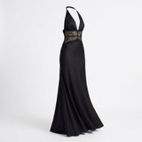Carlena | Elegancka Sukienka Maxi Halter z Koronkową Talią